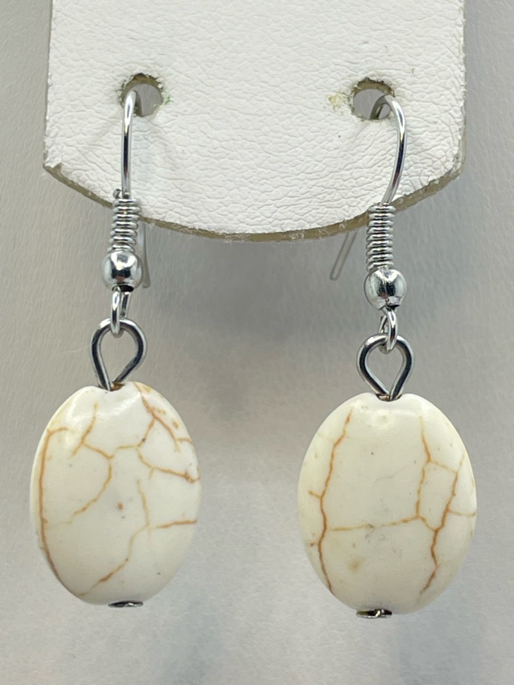 Silver Tone Magnesite Dangle Earrings White Turquoise Look